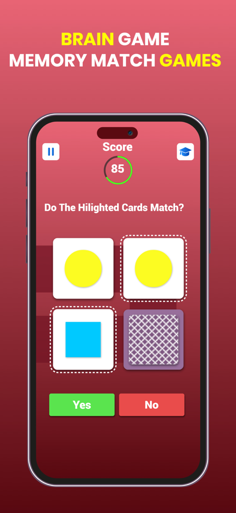Brain Test Puzzle : IQ Games - Memory match game screen from the Brain Test Puzzle app showing a cognitive challenge