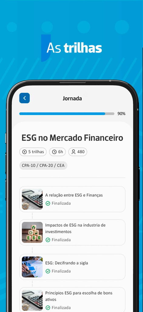 ANBIMA Edu - Interface of the ANBIMA Edu app displaying the ESG in Financial Market learning journey and course progress.