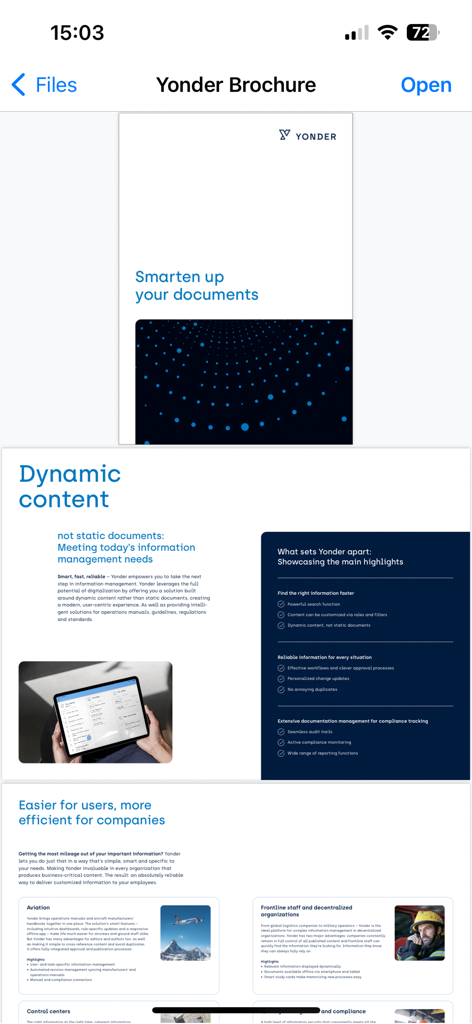 Yonder Offline Reader NG - Captura de pantalla de la aplicación Yonder Offline Reader NG que muestra un folleto técnico sobre la gestión dinámica de documentos para industrias como la aviación.