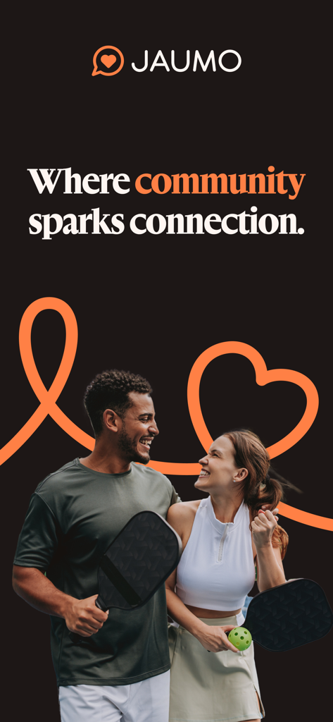 A smiling couple holding pickleball paddles under the Jaumo logo and the slogan Where community sparks connection
