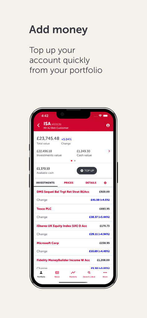 Smartphone displaying AJ Bell app ISA portfolio with a top up button and investment holdings list