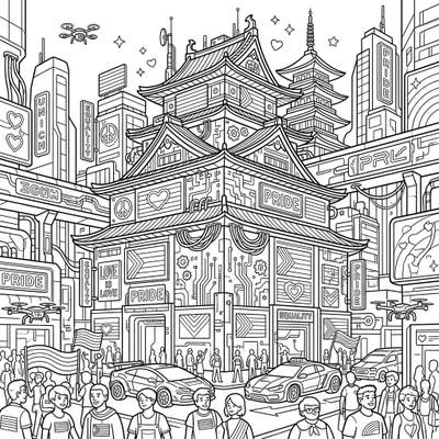 Journey to a futuristic metropolis where a majestic temple is re-envisioned with cyberpunk flair, all while celebrating the vibrant spirit of Pride Month. This intricate coloring page invites you to blend tradition with technology in a powerful display of unity and color.
