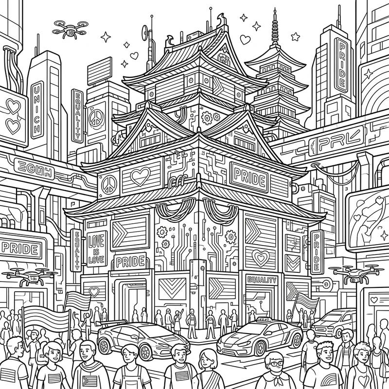 Journey to a futuristic metropolis where a majestic temple is re-envisioned with cyberpunk flair, all while celebrating the vibrant spirit of Pride Month. This intricate coloring page invites you to blend tradition with technology in a powerful display of unity and color.
