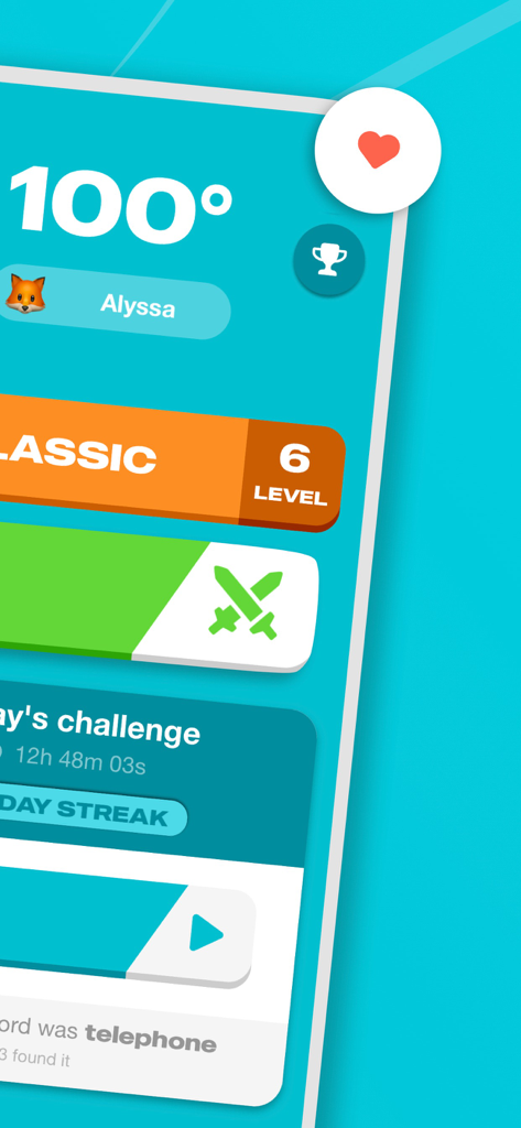 Contexto - The Original Game - Contexto app interface showing classic mode level 6 daily challenge and 1v1 multiplayer button