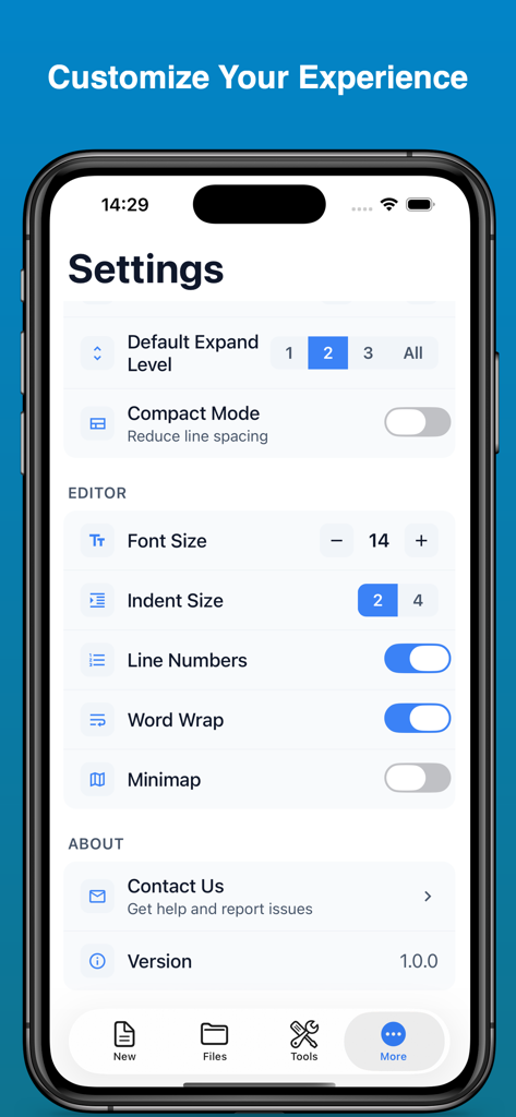 Écran des paramètres de JSON Viewer and Editor montrant diverses options de personnalisation pour les développeurs