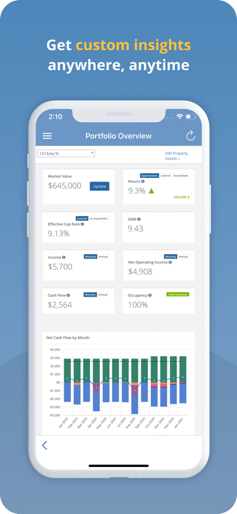 Stessa: Smart Rental Manager - Stessa app portfolio overview screen displaying rental property financial metrics and cash flow chart.