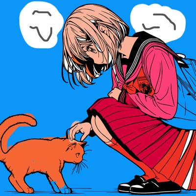 realistic anime girl bending down to pet a cat