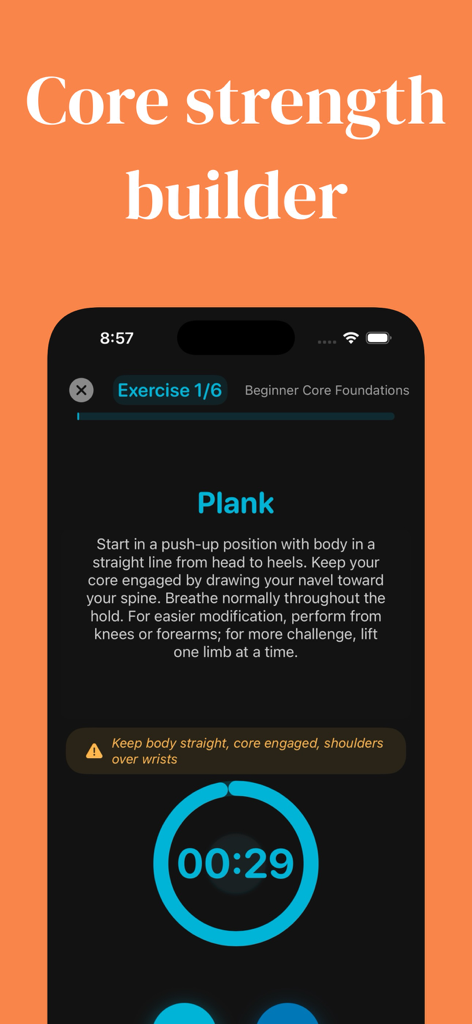 Core30: Abs & Core Workout App - Core30 app interface showing plank exercise instructions and a 30 second countdown timer