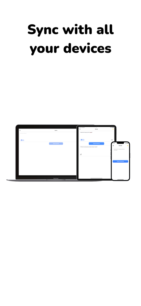 Rewrite: Sentence Corrector - Aplicación Rewrite ejecutándose en un portátil, tableta y smartphone, ilustrando su función de sincronización entre dispositivos.