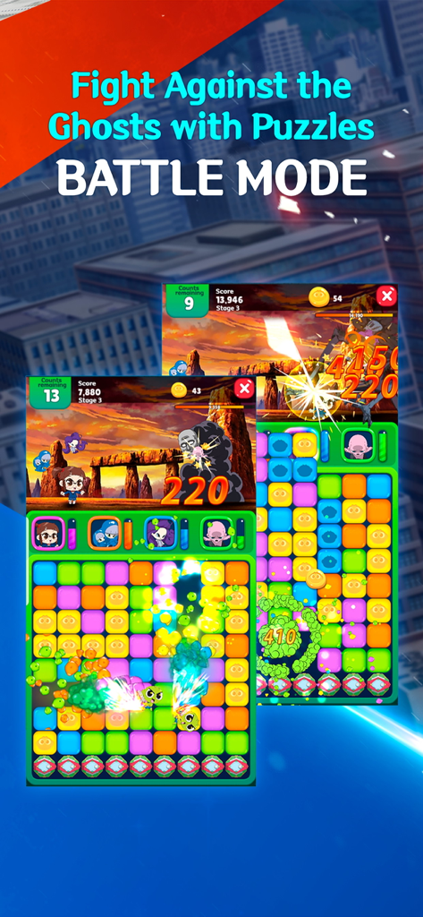 GETCHA GHOST-The Haunted House - A screenshot of GETCHA GHOST showing match-3 puzzle gameplay and battle mode against ghosts.