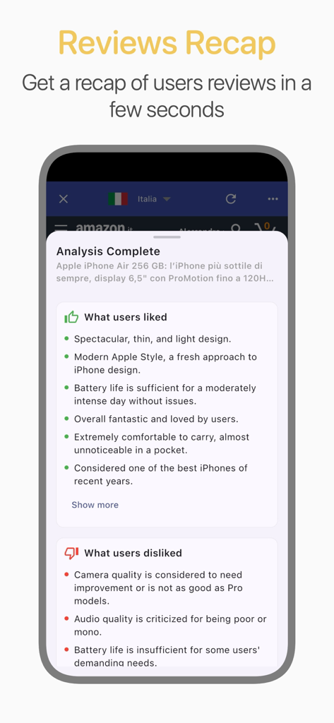 Price Tracker · Reprice - Summary of product reviews showing pros and cons in the Reprice app