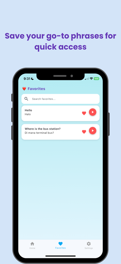 Indonesia Travel Phrasebook - Screenshot of the Indonesia Travel Phrasebook app showing the favorites list with common phrases and audio play buttons