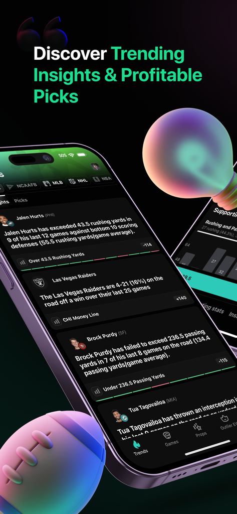 Outlierモバイルアプリのインターフェース。トレンドのスポーツベッティングインサイトとプレイヤープロップデータを表示。