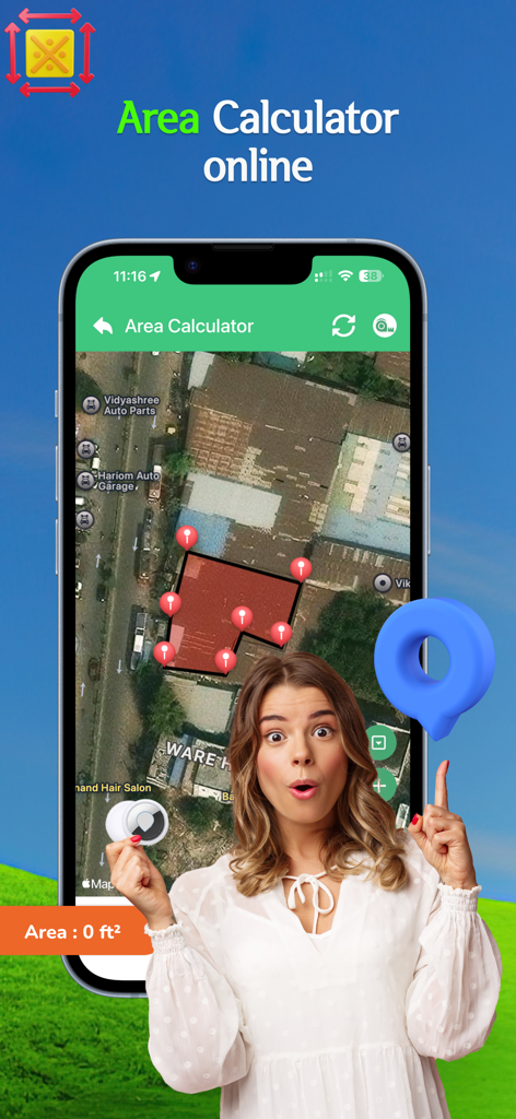Live Location Tracker - A smartphone showing the area calculator feature of the Live Location Tracker app with map pins and a red highlighted zone.