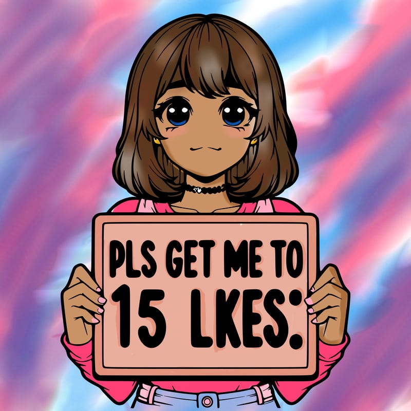 realistic girl holding up a sign that says “pls get me to 15 likes!”