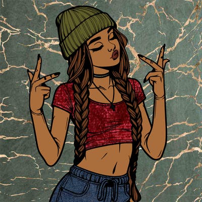 realistic teenage girl with braids and a beanie and crop top doing 🫶🏼