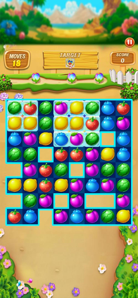 Fruit Frenzy Link Match Puzzle - Gameplay screen of Fruit Frenzy Link Match Puzzle showing a grid of colorful fruits with frozen items on a tropical background