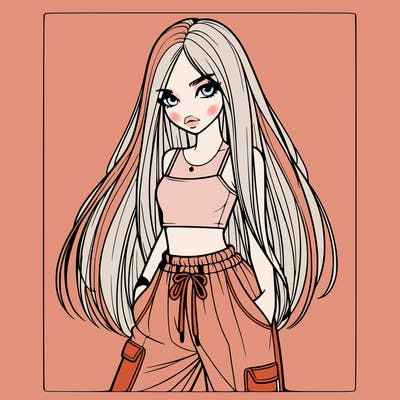 beautiful realistic girl with straight hair and baggy pants