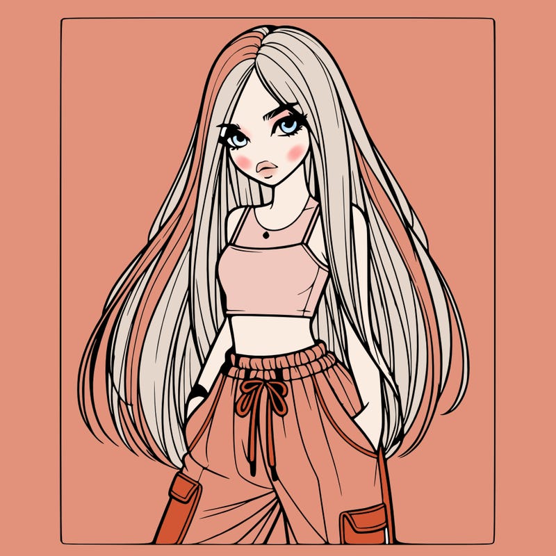 beautiful realistic girl with straight hair and baggy pants