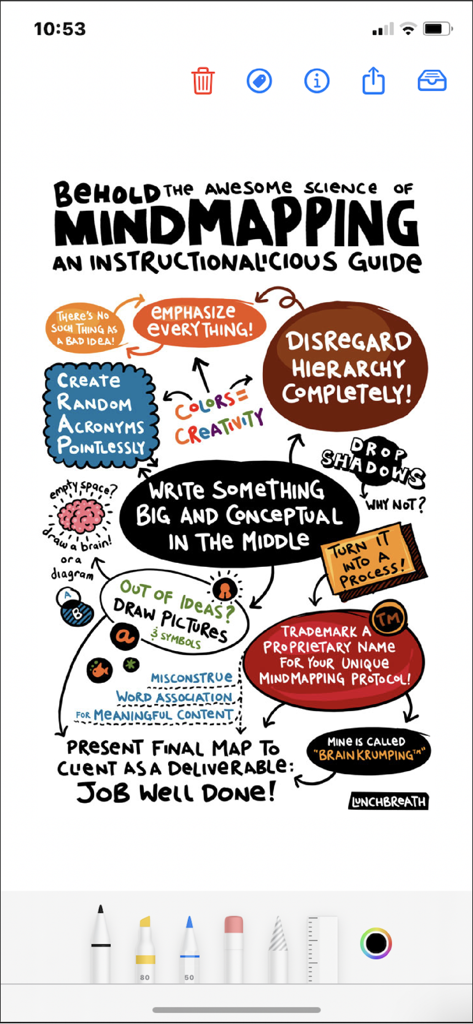 A humorous handwritten mind map created with digital drawing tools in the Penned app