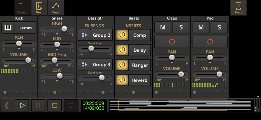 Audio Evolution Mobile Studio - Detailed mixer interface in Audio Evolution Mobile Studio showing multitrack controls for kick, snare, bass, and effects inserts.