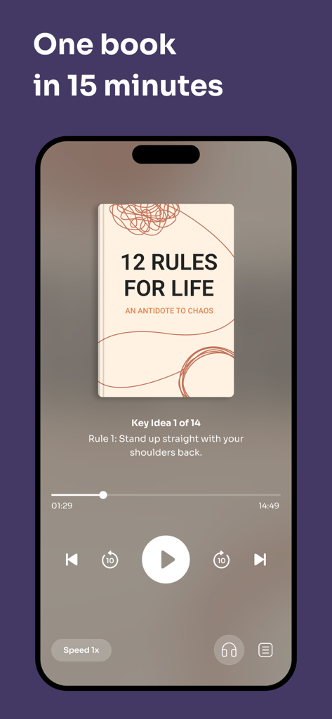 Retell - Key Ideas in 15 Mins - Retell app audio interface playing a 15 minute book summary of 12 Rules for Life