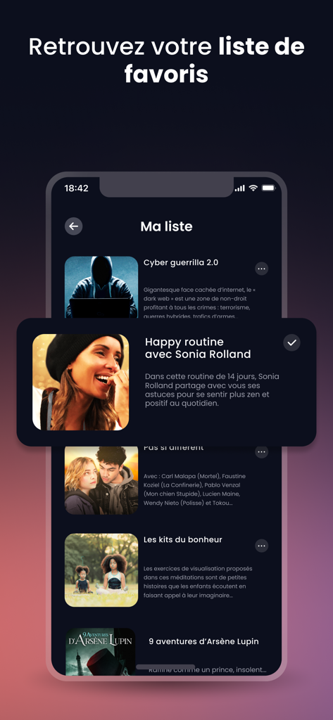 Sybel - Audio series, Podcasts - User favorites list interface in the Sybel audio app showing various podcasts and series.