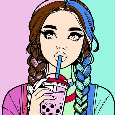 realistic girl with braided hair drinking boba