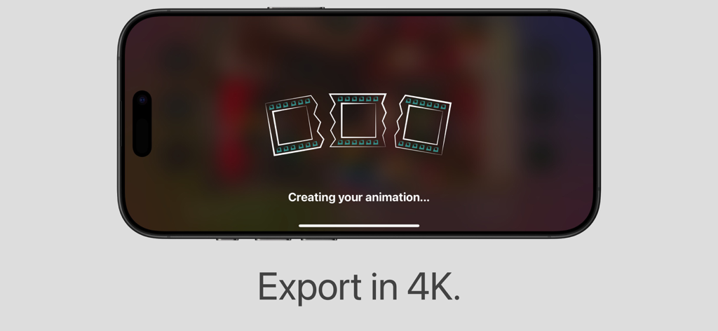 Stop Motion Stitcher - Smartphone displaying the Stop Motion Stitcher app interface during the 4K animation export process