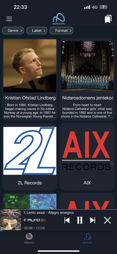 Pure Audio Streaming - Pure Audio Streaming app interface showing record labels and artists with AURO-3D audio playback.
