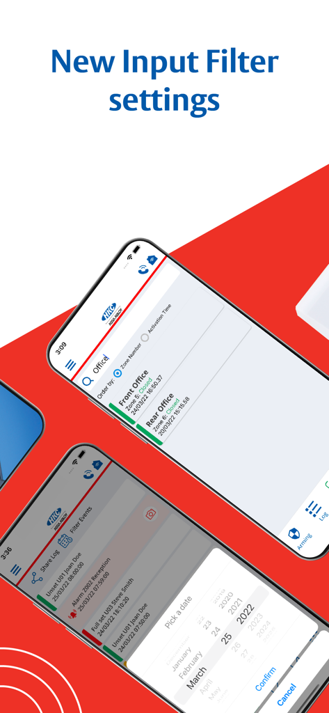 HKC SecureComm 2 - HKC SecureComm 2 app interface showing new input filter settings and date picker for security logs