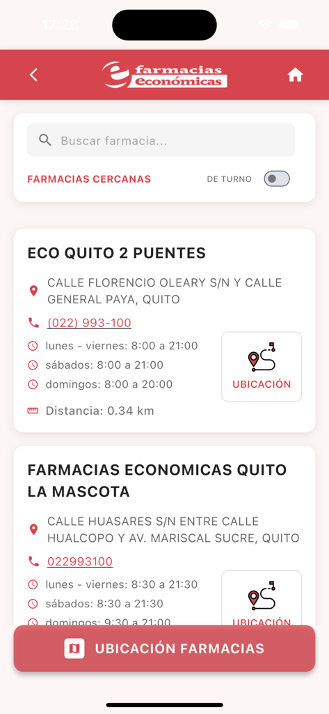 Tu App Farmacia - Pharmacy locator screen in Tu App Farmacia showing a list of nearby stores with addresses and business hours