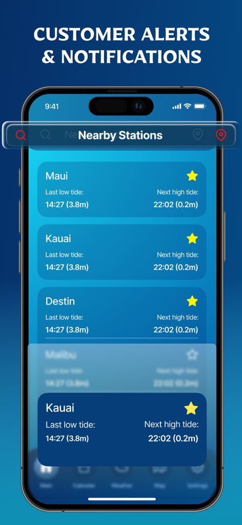 Weather Forecast & Tides Radar - Mobile app interface showing nearby coastal stations with high and low tide information for Maui, Kauai, and Destin
