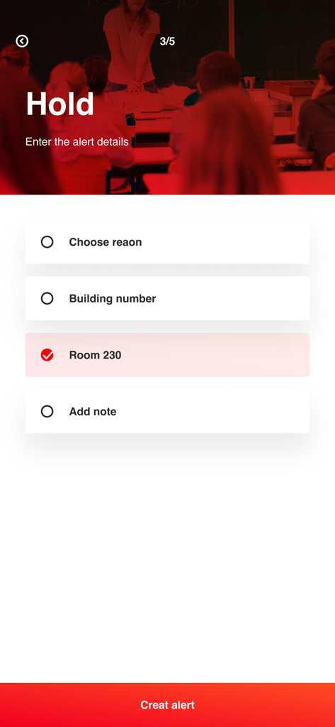 Mobile App-Oberfläche zum Senden einer Sicherheitswarnung mit Status 'Halt' und Raumauswahl.