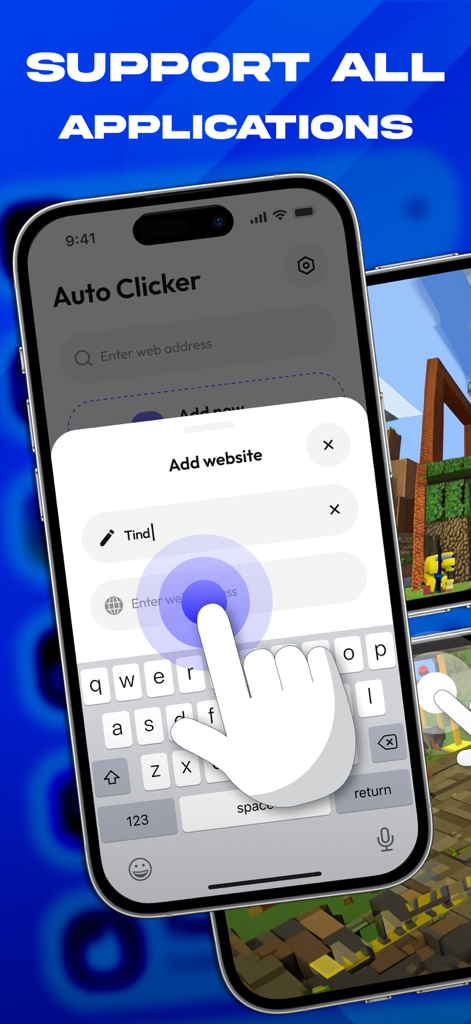 Auto Clicker・Click Assistant - Auto Clicker app on iPhone displaying the add website feature with the heading support all applications