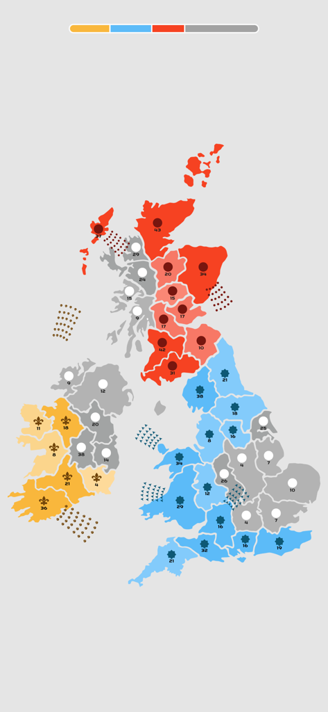 Mapa táctico del Reino Unido e Irlanda en State.io que muestra territorios coloreados en rojo, azul y naranja con tropas en movimiento