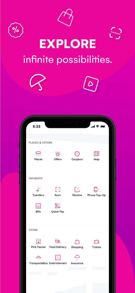Pi Pay - Pi Pay mobile app interface showing various services including payments phone top up and lifestyle offers