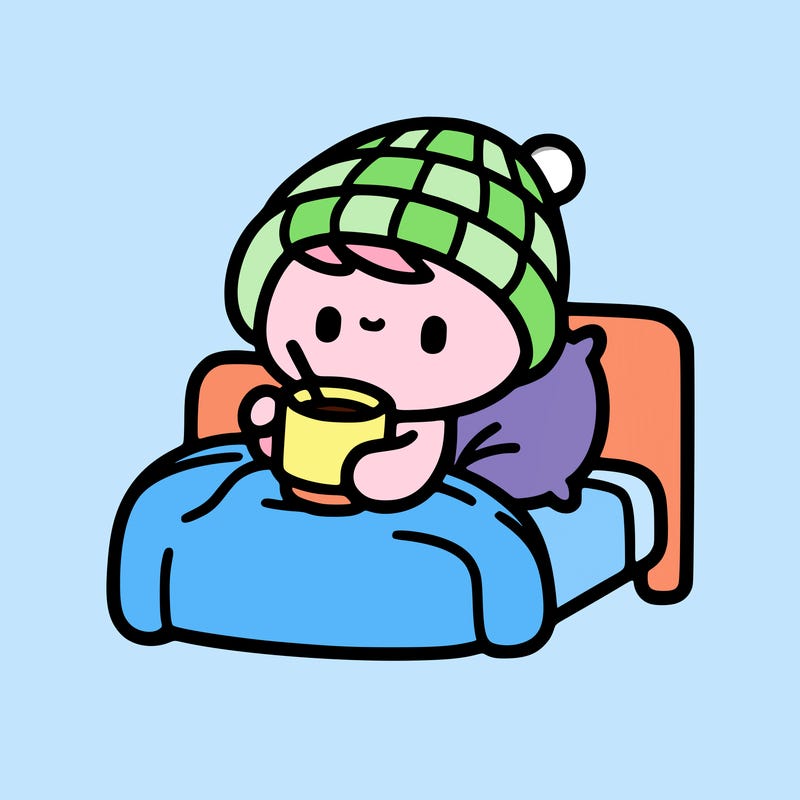person wearing baggy clothes drinking coffee in their bed