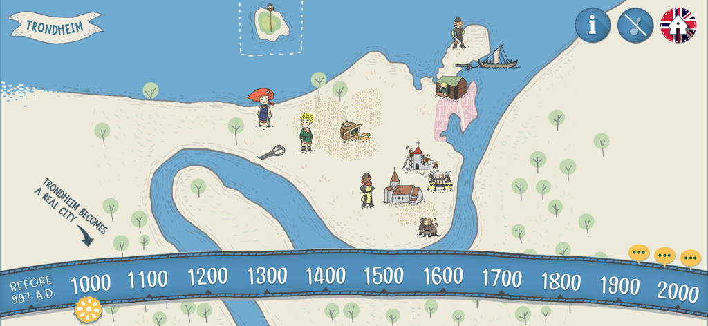 Time Travel Trondheim - An illustrated map of Trondheim during the Viking age featuring an interactive historical timeline.