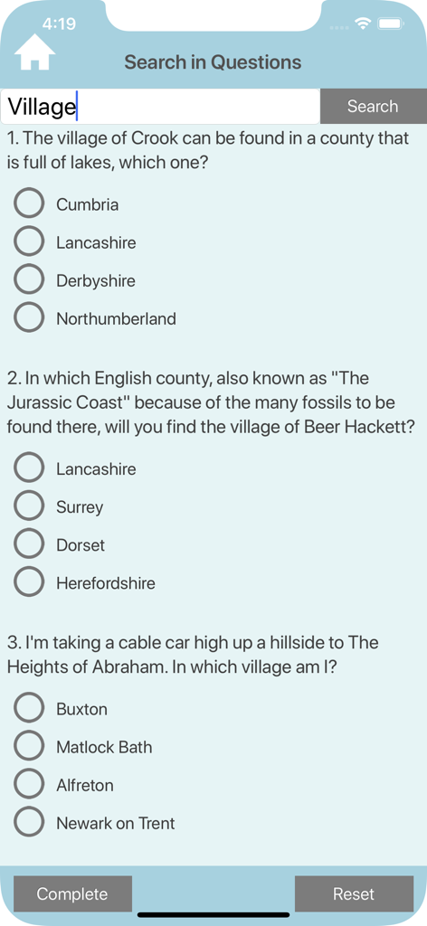 England Geography Quiz - Schermata di ricerca dell'app Quiz di Geografia dell'Inghilterra che mostra domande a scelta multipla su villaggi e contee inglesi.