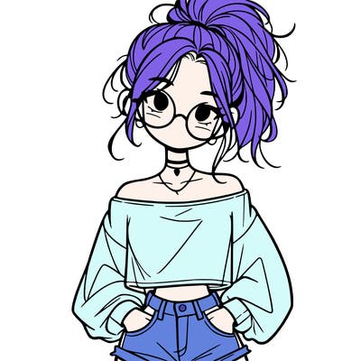 girl with a messy ponytail glasses a baggy crop top and jean shorts
