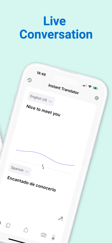 Instant Voice Translator - Smartphone screen showing live voice translation from English to Spanish