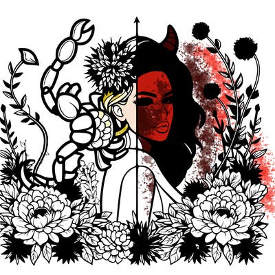 realistic, woman, scorpio, devil, flowers