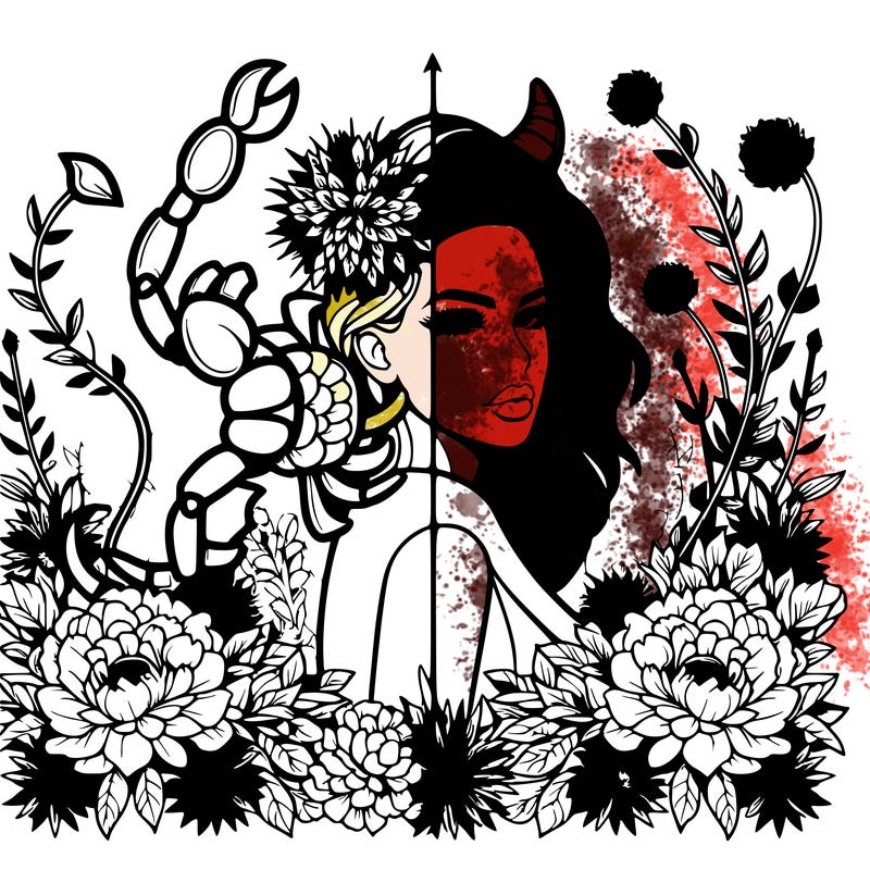 realistic, woman, scorpio, devil, flowers