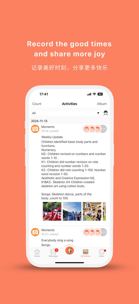 Oberfläche der Taidii Diilight App, die einen täglichen Aktivitätsfeed des Schülers mit Updates zum Lernfortschritt und Fotos von der Schule anzeigt.