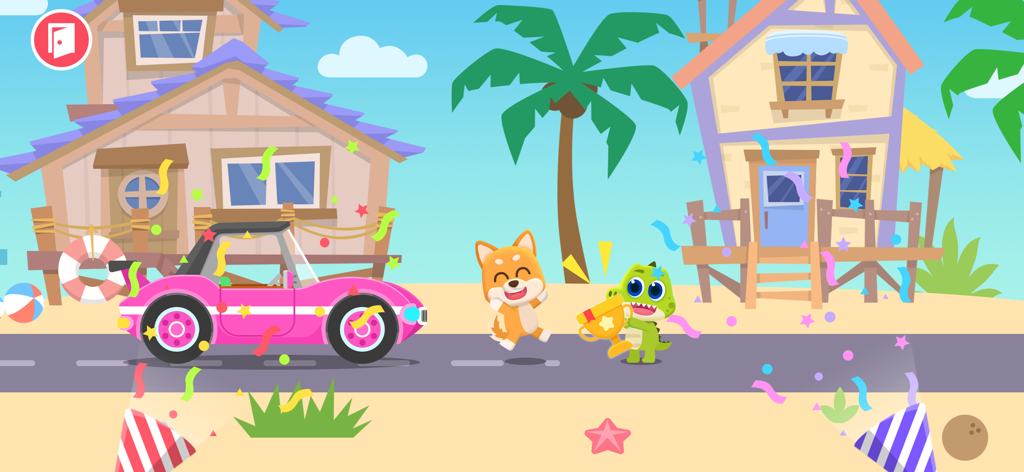 Car Wash Car Games for kids - Um cachorro e um dinossauro de desenho animado comemorando uma vitória com um troféu ao lado de um carro rosa em uma praia.