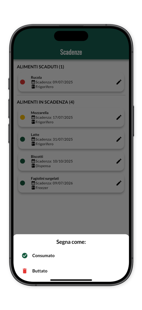 Pantalla de smartphone mostrando artículos de comida ordenados por estado de caducidad con opciones para marcar como consumido o desechado.