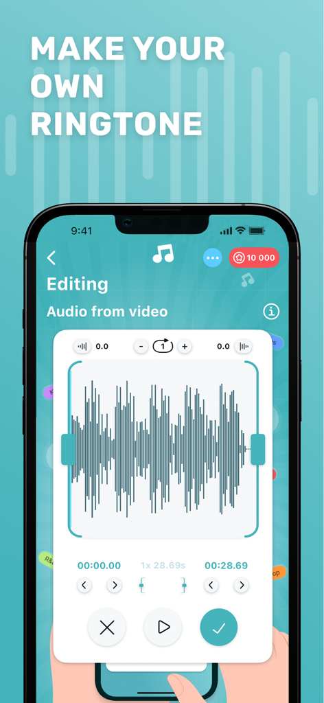 오디오 파형과 커스텀 도구가 포함된 Tuunes 앱 벨소리 편집기를 보여주는 iPhone 화면