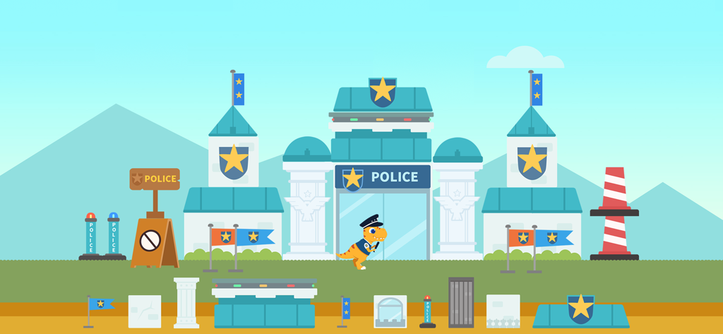 A dinosaur police officer standing in front of a blue police station building in a kids city building game.