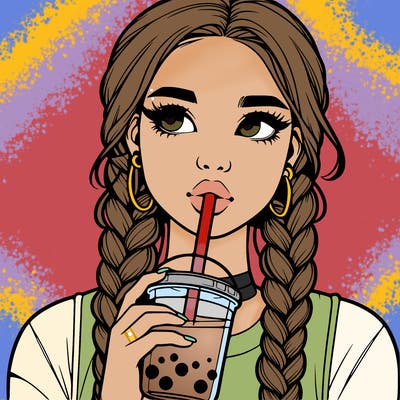 realistic girl with braided hair drinking boba